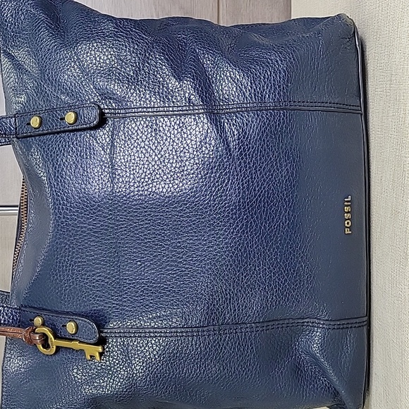 Fossil Blue Leather Tote Shoulder Bag Handbag Purse - Picture 2 of 14